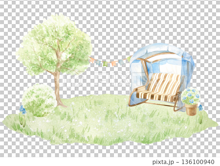 Garden swing, tree, bush and pot with flowers on green grass. For landscape banners. Hand drawn watercolor illustration isolated. Pastel clip art for Easter vintage cards and spring posters. 136100940