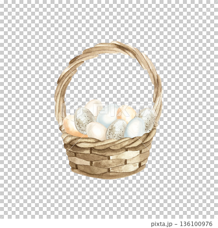 Wicker basket filled with Easter eggs. Symbol of spring and Palm Sunday. Hand drawn watercolor illustration, isolated. Pastel clip art for vintage greeting cards and invitations Wicker basket filled with Easter eggs. Symbol of spring and Palm Sunday. Hand drawn watercolor illustration, isolated. Pastel clip art for vintage greeting cards and invitations 136100976