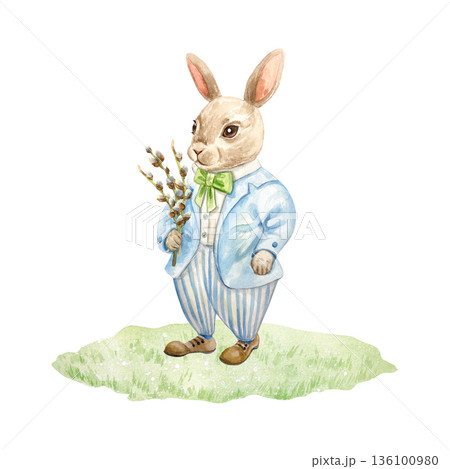 Easter bunny in a suit holding a pussy willow branch. Hand drawn watercolor illustration isolated on white. Pastel clip art for Easter vintage cards and invitations. Suitable for tableware design. Easter bunny in a suit holding a pussy willow branch. Hand drawn watercolor illustration isolated on white. Pastel clip art for Easter vintage cards and invitations. Suitable for tableware design. 136100980
