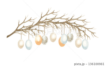 Easter eggs hanging on tree branches. Symbols of spring and Palm Sunday. Hand drawn isolated watercolor illustration. Pastel clip art for vintage greeting cards and invitations. Easter eggs hanging on tree branches. Symbols of spring and Palm Sunday. Hand drawn isolated watercolor illustration. Pastel clip art for vintage greeting cards and invitations. 136100981
