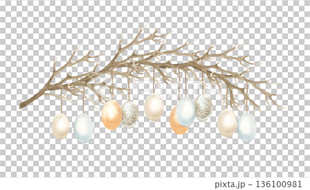 Easter eggs hanging on tree branches. Symbols of spring and Palm Sunday. Hand drawn isolated watercolor illustration. Pastel clip art for vintage greeting cards and invitations. Easter eggs hanging on tree branches. Symbols of spring and Palm Sunday. Hand drawn isolated watercolor illustration. Pastel clip art for vintage greeting cards and invitations. 136100981