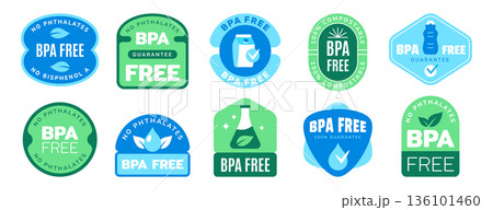Bpa free badge logo, no bisphenol a and phthalates symbols 136101460