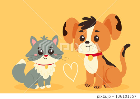 Cute cat and dog friends sitting together with heart icon vector illustration. 136101557