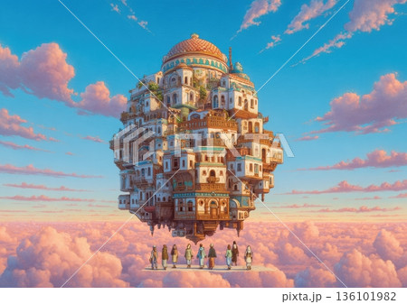 Fantastic Floating City: A Whimsical Journey Above the Clouds with Figures 136101982
