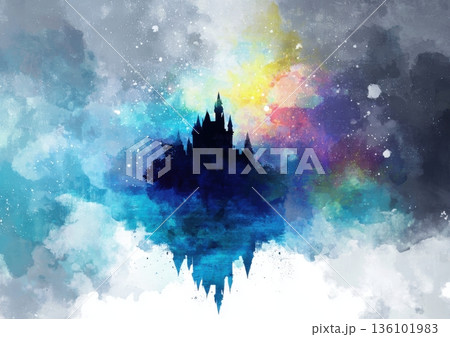 Ethereal Castle Silhouette Amidst Colorful Cosmic Clouds and Watercolor Splashes, Evoking Dreamlike Fantasy Ethereal Castle Silhouette Amidst Colorful Cosmic Clouds and Watercolor Splashes, Evoking Dreamlike Fantasy 136101983