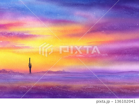Watercolor Desert Sunset with Saguaro Cactus Silhouetted Against a Vibrant Sky Painting 136102041