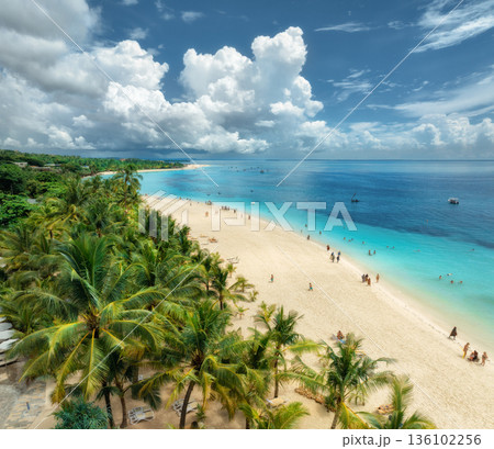 Aerial view of sandy beach, palm trees, umbrellas, boats, sea 136102256