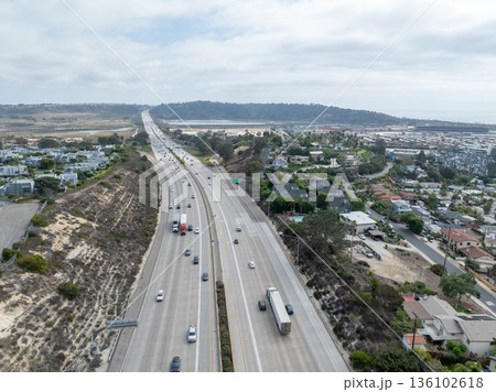 Aerial view of traffic on a highway with a lot of cars in San Diego 136102618
