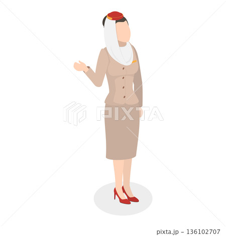 3D Isometric Flat Vector Illustration of Emirates Flight Attendants, Arabian Airline Women In Traditional Uniform. Item 3 3D Isometric Flat Vector Illustration of Emirates Flight Attendants, Arabian Airline Women In Traditional Uniform. Item 3 136102707