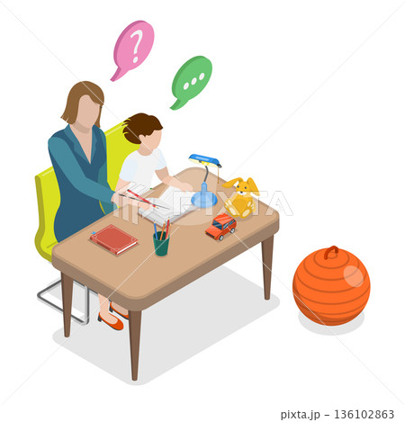 3D Isometric Flat Vector Set of Parents Learning with their Kids, Engaging In Educational Activities Together. Item 4 136102863