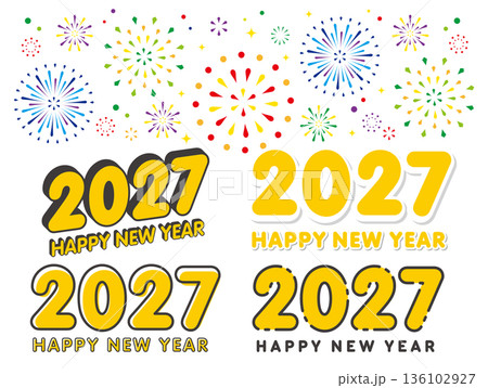2027年の年賀状素材 ロゴ風の年号とHappy New Year と花火のセット 136102927