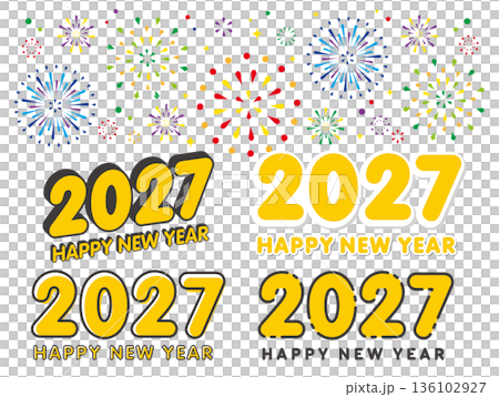 2027年の年賀状素材 ロゴ風の年号とHappy New Year と花火のセット 136102927