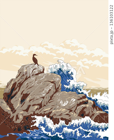 Cormorant on Rocks at Restless Sea Pebble Beach California WPA Ukiyo-e Cormorant on Rocks at Restless Sea Pebble Beach California WPA Ukiyo-e 136103122
