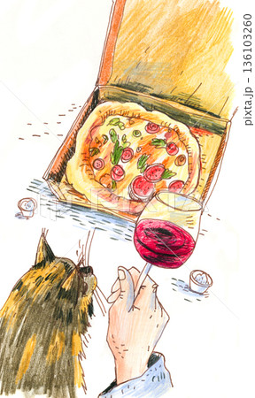 Cat and Pizza Illustration 136103260