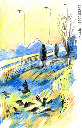 Sketch of Birds and People on a Sunny Day 136103261