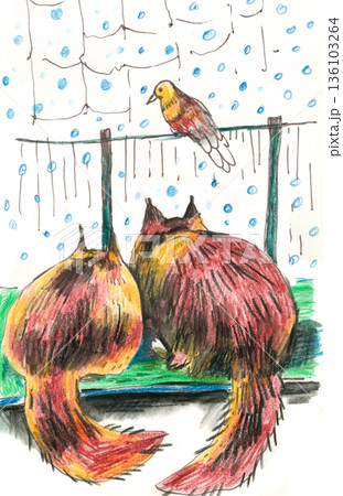 Two Cats Watching a Bird 136103264