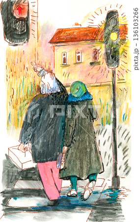 Illustration of Two People at a Crosswalk 136103266