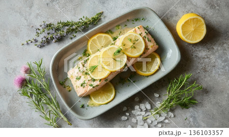 Salmon fillet garnished with lemon slices and herbs on ceramic plate 136103357