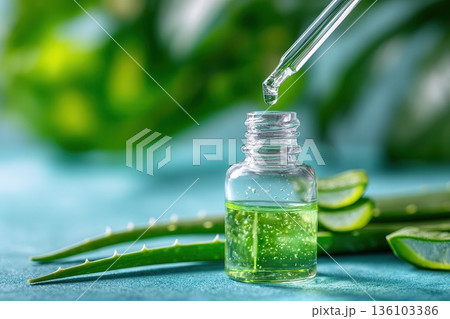 Aloe vera gel drop from dropper into glass bottle with plant slices Aloe vera gel drop from dropper into glass bottle with plant slices 136103386