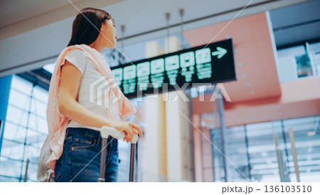 空港で案内表示を確認 ■撮影協力：関西国際空港（KIX） 136103510