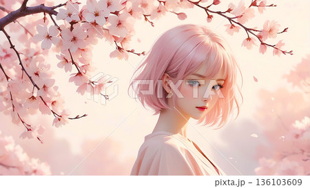 桜吹雪と女の子 水彩風 卒業 入学 桃色 背景 136103609