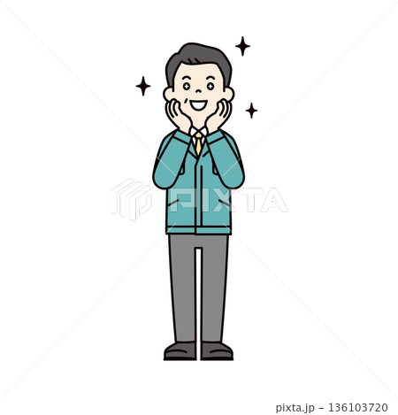 目を輝かせて感激する、作業着を着た中小企業の経営者・社長・工場長の全身ベクターイラスト素材 136103720