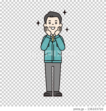 目を輝かせて感激する、作業着を着た中小企業の経営者・社長・工場長の全身ベクターイラスト素材 136103720