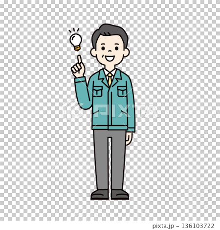 一幅全身向量插圖，描繪了一位身著工作服的小企業主、總裁或工廠經理，他正在構思一個好主意。 136103722