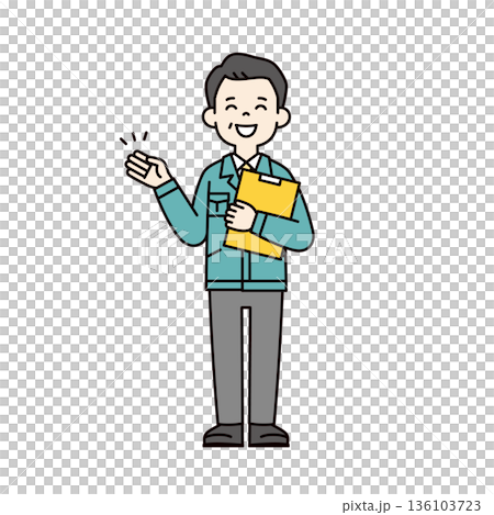 Full-body vector illustration of workers, engineers, and factory managers in their 50s and 60s smiling and offering guidance with their hands 136103723