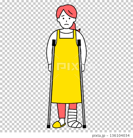足を怪我して松葉杖をついているエプロン姿の女性 136104034