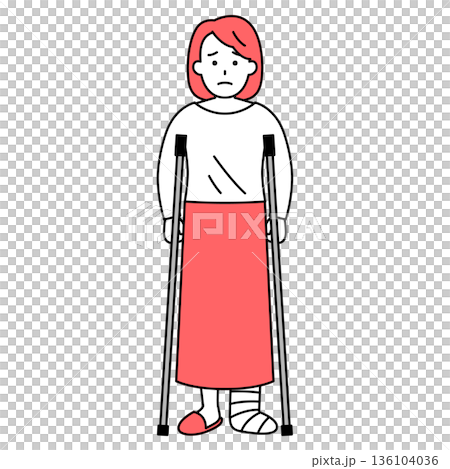 A young woman with a leg injury and using crutches 136104036