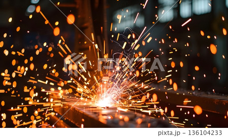 工場で飛び散る溶接スパーク 136104233