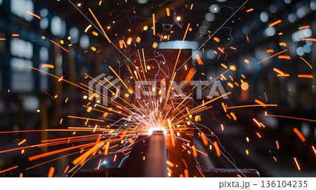 工場で飛び散る溶接スパーク 136104235