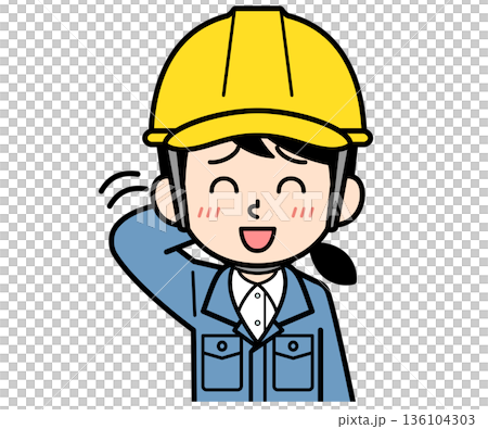 A shy female site supervisor wearing a helmet 136104303