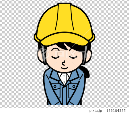お辞儀するヘルメットをかぶった現場監督の女性 136104335