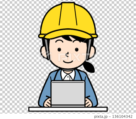A female site supervisor wearing a helmet using a laptop 136104342