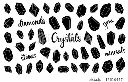 Black crystals set. Magic gem stones, diamond and jewel crystals. Gemstones, amethyst, ruby, sapphire, emerald, topaz and quartz. Vector illustration Black crystals set. Magic gem stones, diamond and jewel crystals. Gemstones, amethyst, ruby, sapphire, emerald, topaz and quartz. Vector illustration 136104374