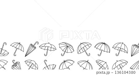 Minimal umbrella border with linear outline at the bottom of the frame. Simple vector seasonal design for weather and rain protection themes Minimal umbrella border with linear outline at the bottom of the frame. Simple vector seasonal design for weather and rain protection themes 136104380