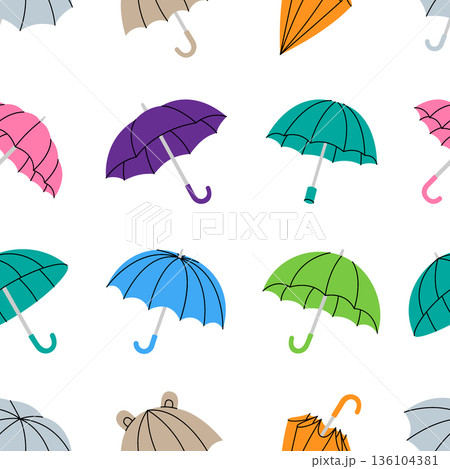 Seamless colorful umbrella pattern with open and closed parasols, bright vector design for textiles, wallpaper, and wrapping paper Seamless colorful umbrella pattern with open and closed parasols, bright vector design for textiles, wallpaper, and wrapping paper 136104381