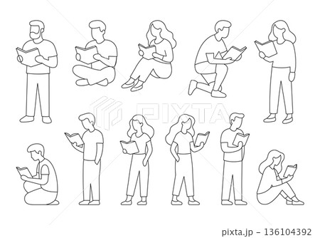 Outline vector set of people reading books in various poses. Linear black illustration for education or lifestyle concepts 136104392