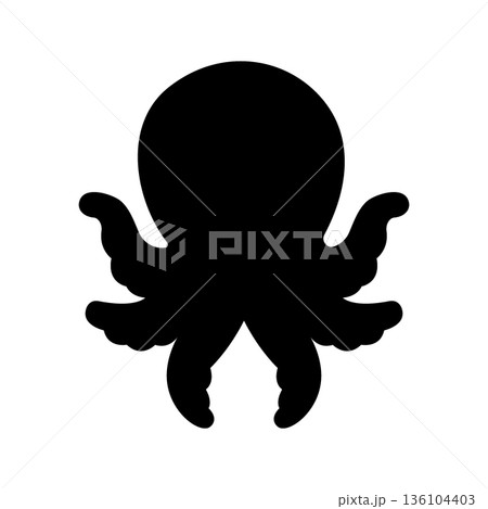 Black silhouette of octopus. Cute cartoon vector sea animal, flat icon design for marine visuals. 136104403