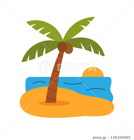 Palm tree on tropical island beach with sunset. Flat vector summer illustration for travel and vacation themes 136104405