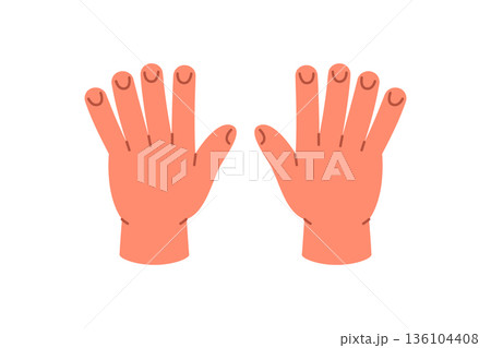Hands showing number 10 with all fingers extended. Flat cartoon style for counting, early learning, and number charts 136104408