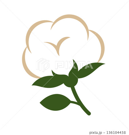 Cotton boll with green leaves. Flat cotton icon for textile, eco packaging, or farming-themed designs Cotton boll with green leaves. Flat cotton icon for textile, eco packaging, or farming-themed designs 136104438