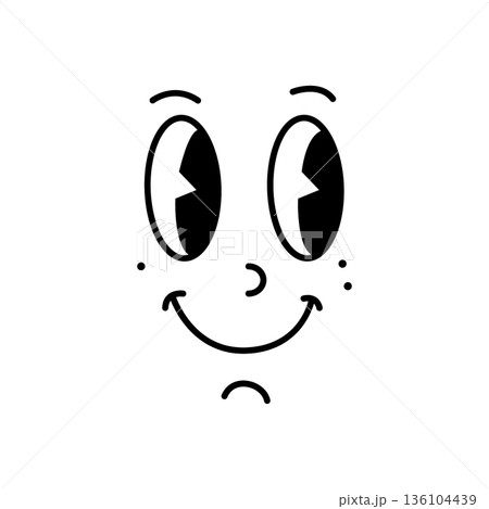 Minimal cartoon face with expressive eyes and playful smile. Simple black line doodle emoji illustration Minimal cartoon face with expressive eyes and playful smile. Simple black line doodle emoji illustration 136104439