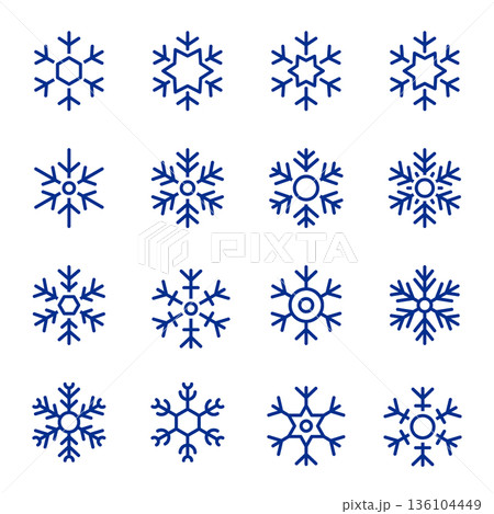 Sixteen outline snowflakes. Winter line art set for festive Christmas and New Year digital projects Sixteen outline snowflakes. Winter line art set for festive Christmas and New Year digital projects 136104449
