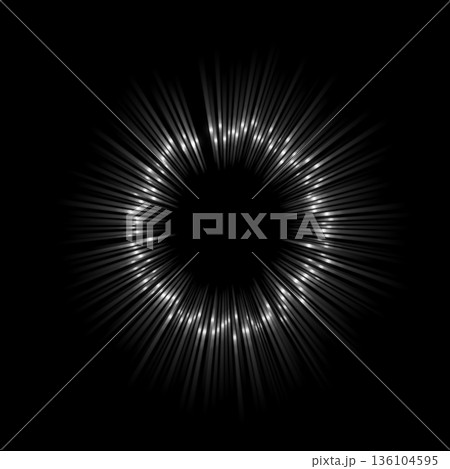 白の放射状に輝く光の線と粒子の抽象背景 136104595