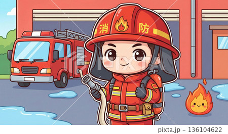 消防士さんのちびキャライラスト 136104622