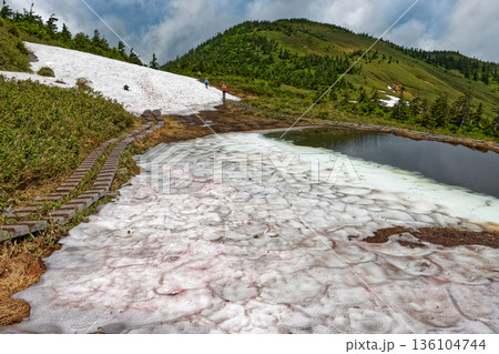 残雪の駒ノ大池と会津駒ヶ岳山頂 残雪の駒ノ大池と会津駒ヶ岳山頂 136104744