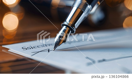 契約書に触れる万年筆のペン先 136104866
